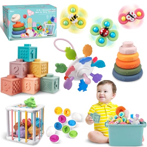 Weilim Jouets Bébés pour, Montessori Jeux Bébé Eveil, Jouets sensoriels, 6 en 1 avec Bebe Cube d'activité, œufs à associer, Jouet à Ventouse à Rotation (6 in 1)
