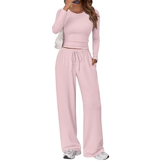 Trendy Queen Women's 2 Piece Matching Lounge Set Long Sleeve Slightly Crop Top Wide Leg Pants Casual Sweatsuit