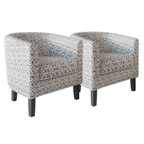 Image of BELLEZE Accent Barrel Chair Set of 2, Linen Round Chair Club Tub Sofa Corner Chair with Flared Legs and Cozy Soft Padding for Living Room Bedroom Waiting Room - White & Brown