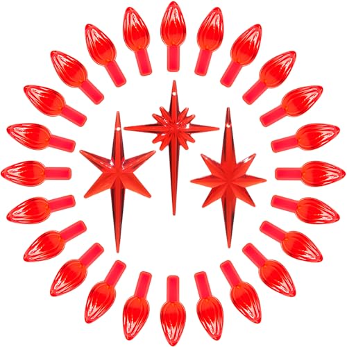 KonohaELF Ceramic Christmas Tree Replacement Lights Bulbs, Red Medium Twist Plastics Pegs Ornaments for Ceramic Tree(87 Bulbs＆ 3 Topper Star)