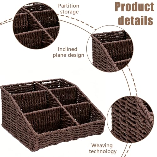 Image of Makeup Organizer, Hand-woven Wicker Basket for Dresser Vanity and Bathroom Countertop, 6 Compartment Skincare Organizer Cosmetic Display Case, Beauty Holder for Lipstick Brush Eyeshadow - Brown