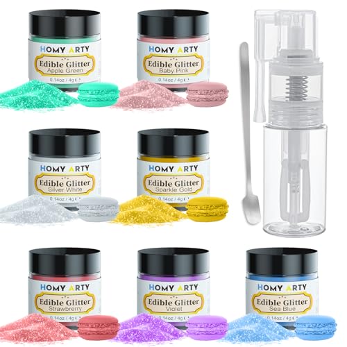 HOMY ARTY Purpurina comestible en spray para Bebidas brillo chispeante - 7 colores, polvo de brillo, purpurina comestible reposteria para Navidad Champán, cócteles, bebidas veganas, pasteles, tartas