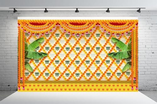 Image of Dhara Marigold Flower with Banana Tree Backdrop - 8ft x 5ft, Premium Polyester Fabric, Ideal for Pooja, Weddings, and Cultural Festivities .Washable Fabric