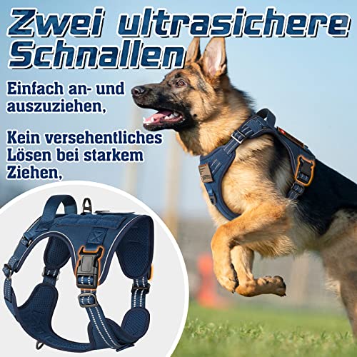 rabbitgoo Hundegeschirr Grosse Hunde, Anti Zug Geschirr Hund Verstellbar mit Griffe Verbreitert, Robust und Verschleißfest, Taktisches Hundegeschirr mit Metallschnallen zum Wandern(L, Blau)