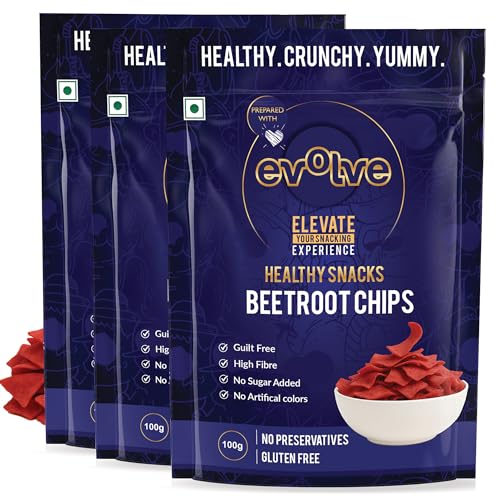 Image of Evolve Beetroot Chips Healthy Snacks for Kids, Adults | Gluten Free, Vacuum Fried, Low Calorie, | No Additives, Ready to Eat, Masala Flavor - 100g Pack of 3