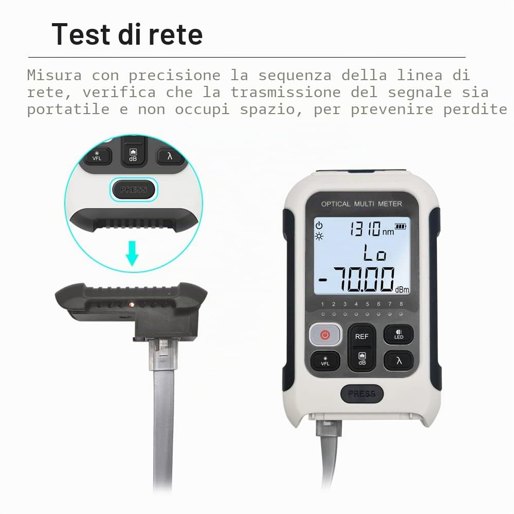 TM570 Misuratore di Potenza 3 in 1 Alimentato da Batteria Ricaricabile, Power Meter Fibra Ottica con Localizzatore di guasti visivi VFL e Inseguitore di Cavi RJ45