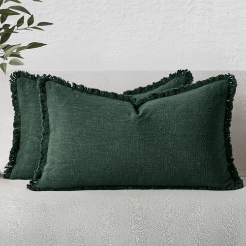 Image of MIULEE Linen Fringe Decorative Lumbar Throw Pillow Covers Army Green 12x20