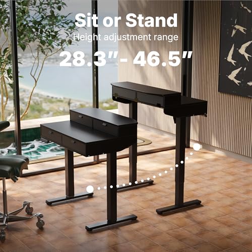 Image of HUANUO 32 X 20 inch Electric Standing Desk with 4 Drawers, Adjustable Height Sit Stand Home Office Desk, C-Clamp Mount Compatible, Ergonomic Stand up Desk with 4 Preset Heights, Black