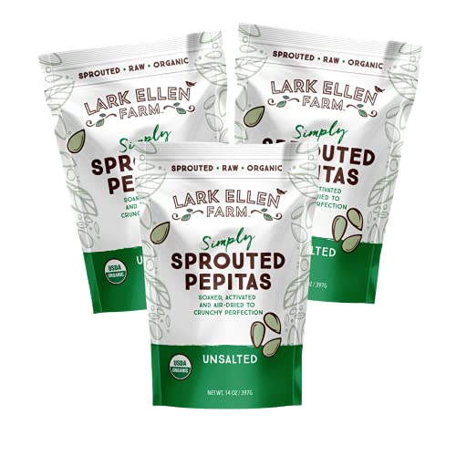 Lark Ellen Farm Sprouted Pumpkin Seeds Unsalted 14 oz USDA Organic Non GMO, Keto Snacks, Paleo, Gluten Free, Vegan, Organic, Plant Based, Low Glycemic Index, Peanut Free Facility (14 oz, 3 Pack)