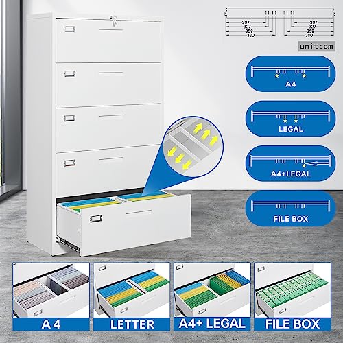 Bynsoe 5 Drawer Lateral File Cabinet Metal Filing Storage Cabinet With Lock Office Home Steel Lateral File Cabinet For A4 Legal/Letter Size Wide File Cabinet Locked,Assembly Required #TOP4