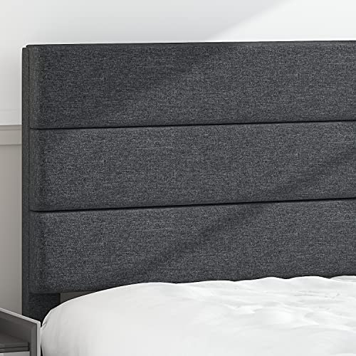 Hoomic Queen Size Bed Frame With Headboard, Fabric Upholstered Platform Bed, Strong Wood Slats Support Panel Bed Mattress Foundation, No Box Spring Needed, Dark Grey #TOP2