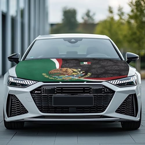 Image of Renewold Mexican Flag Skull, Car Hood Cover Protector, Vehicle Hood Wrap Blanket, Women Men Automotive Exterior Accessories, Elastic for Outdoor Indoor Holiday