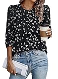 Picture of Samefar Womens Floral Black Blouses Tops Dressy Casual Pleated Crew Neck Long Sleeve Shirts for Women Office Work Chiffon Blouses Tops Medium