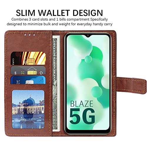 Image of Flip Cover Back Case for Lava Blaze 5G | Premium Leather Finish | Inbuilt Pockets & Stand | Flip Cover Back Case for Lava Blaze 5G (Brown)