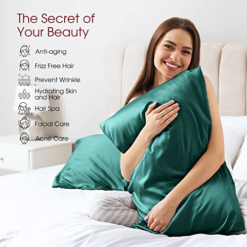 Image of 100% Silk Pillow Cases 2 Pack Queen Size Mulberry Silk Pillowcase for Hair and Skin Set of 2 Highest Grade 6A Silk Soft Breathable with Hidden Zipper, Teal