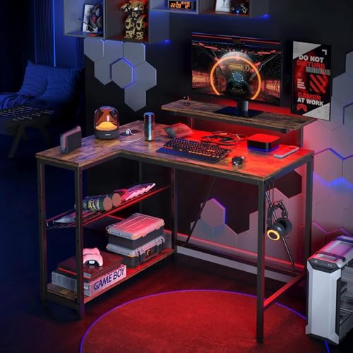 Bestier Gaming Desk with Power Outlets, 42" L-Shaped Gaming Desk with LED Lights, Desk with Reversible Storage Shelves & Hooks for Small Spaces, Bedrooms & Offices,Rustic Brown