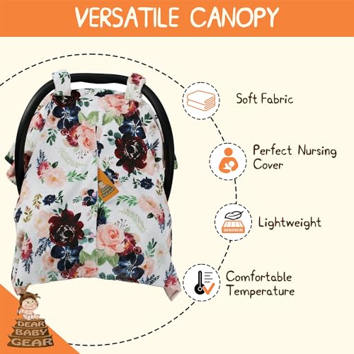 Image of Dear Baby Gear Car Seat Cover for Boys & Girls - Baby Carseat Canopy w /Snap Opening - Infant Seat Cover - Stroller & Nursing Covers - Newborn Carrier Canopy- 40x30 inch (Burgundy & Navy Floral on Blush)