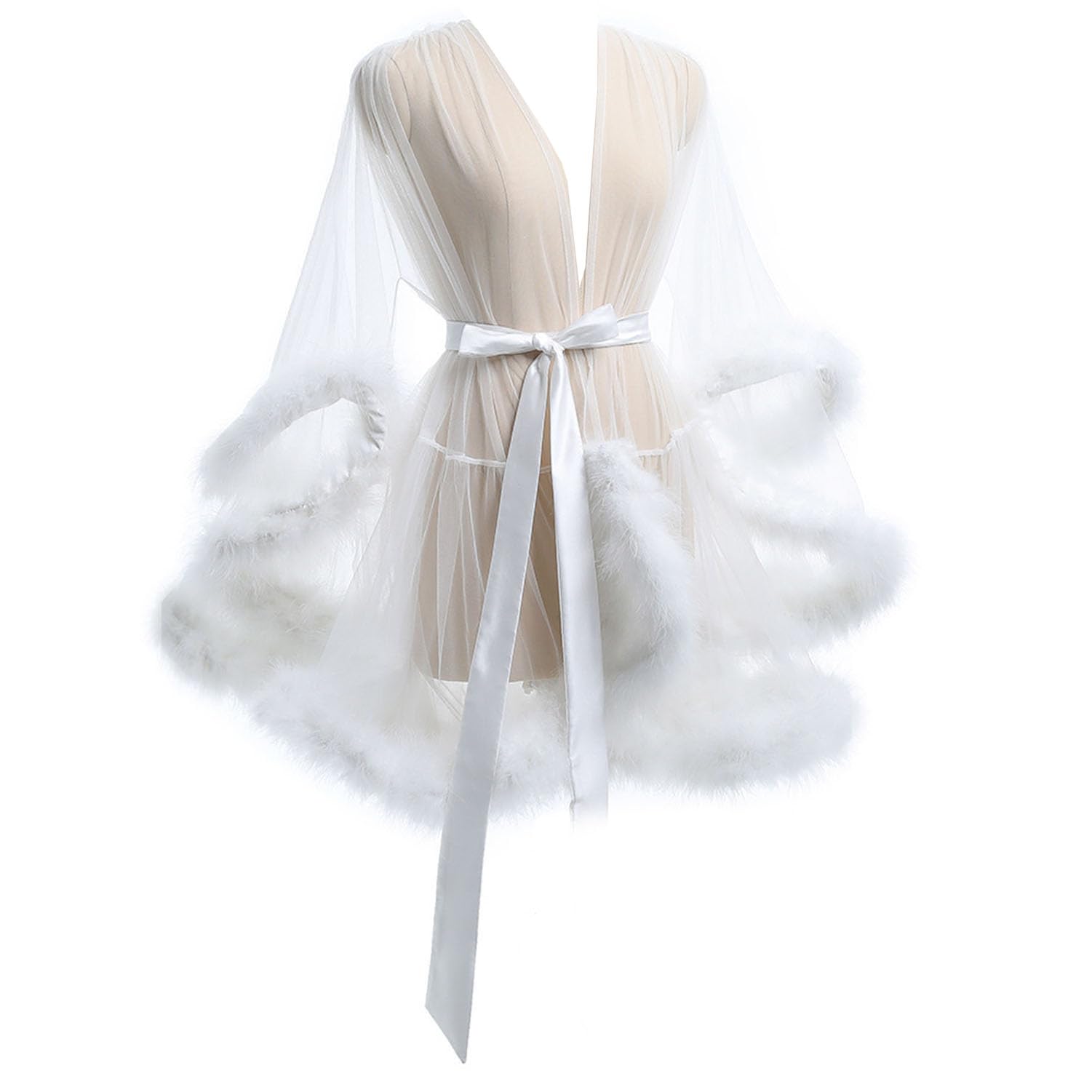 ZLZNX Lingerie for Women Lace Kimono Robe Sheer Gown Feather Bridal Robe Nightgown Bathrobe Robe with Fur,003,S