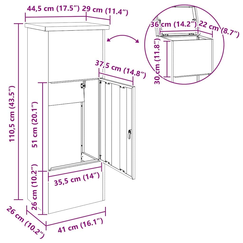 vidaXL Caja de Entrega de Paquetes Oxidado 44,5 x 29 x 110,5 cm, Caja de Almacenamiento para jardín y terraza, Rectangular, Acero Impermeable, con Cerradura y para envíos