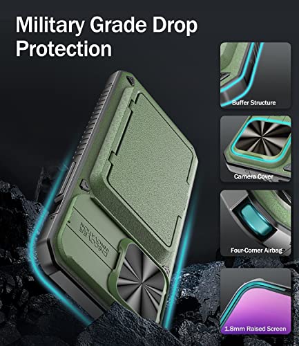 Image of Vihibii for iPhone 14 Pro Max Wallet Cover with Card Holder (Storage 4 Cards), Slide Camera Cover & Kickstand, [Military Grade Drop Protection] Phone Case for i14 Pro Max 6.7 inch (2022), Green