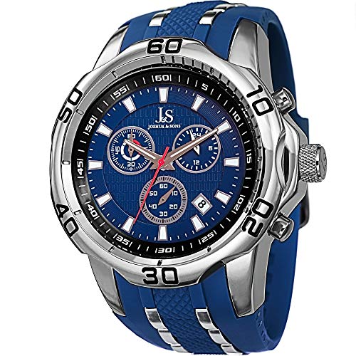 Joshua & Sons Men's Chronograph Watch - 3 Subdials with Date Window On Comfortable Blue and Silver-Tone Silicone Strap - JS50