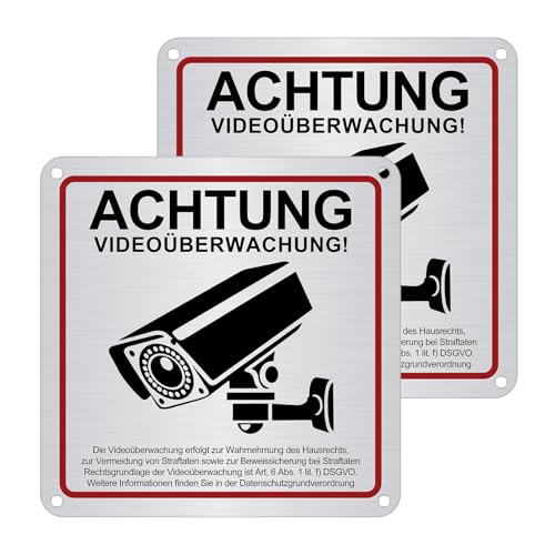 Zikenis 2 Stück Achtung Videoüberwachung Schild mit DSGVO Hinweis Schilder Aufkleber Videoüberwachung Schilder Kameraüberwachung 15×15cm Starke Folie selbstklebend Warnschild