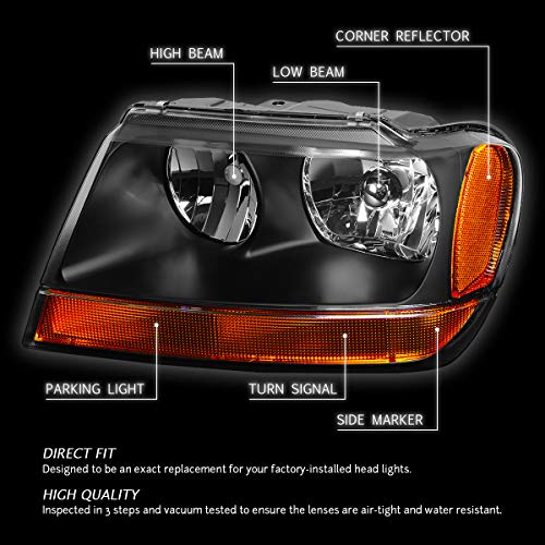 Dna Motoring Hl-Oh-Jgc99-Bk-Am-T2 Black Amber Headlights Assembly Replacement Compatible With 99-04 Jeep Grand Cherokee #TOP1