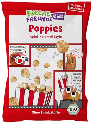 FRECHE FREUNDE Poppies Apfel-Karamell Style, Bio Popcorn Snack mit gepufftem Mais & Reis, vegan, ohne Zusatzstoffe, knusprig, ideal für Kinder, für Geburtstage oder Filmabende, 7er Pack (7 x 40g)
