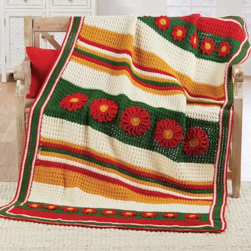Herrschners Poinsettias & Stripes Afghan Crochet Kit