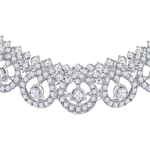 Image of Atasi International Silver Plated White Crystals American Diamonds Stylish Necklace Set with Earrings and Maang Tikka for Women and Girls | Stylish Jewellery for Party, Wedding and Festive Occasions (R6155)
