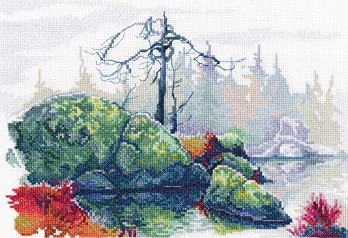 Wizardi Counted Cross Stitch Kit Wonderful North M934 – Northern Landscape with Mysterious River & Red Flowers, 14ct White Zweigart Aida DMC Floss, Needle, Chart, 11.61x8.07 Kit for Adult RTO