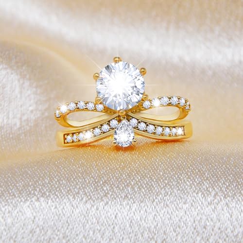 14K Yellow Gold Plated Bow Engagement Ring Promise Ring Wedding Ring Band for Women AAAAA+ Cubic Zirconia Bow Ring Eternity Bands Size 6-92