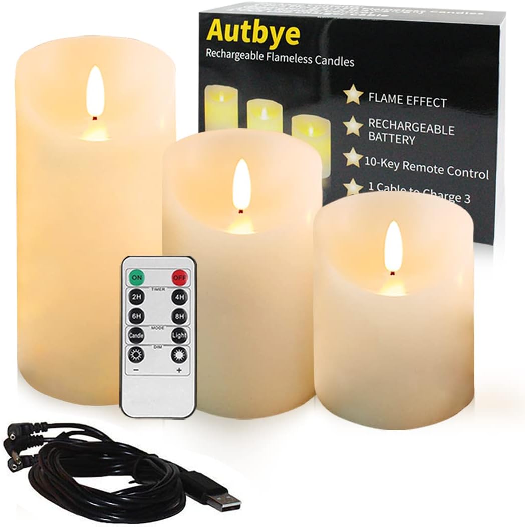 Flameless Candles Electric with Rechargeable Battery Autbye (2019 Advanced Edition) Extra Bright Ivory 3 Pack 4" 5" 6" Dripless Real Wax Pillars LED Smart Candle Flickering with 10-Key Remote Control