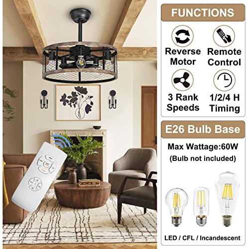 Ohniyou 20'' Caged Ceiling Fans And Vintage Led Edison Bulbs,Rustic Farmhouse Ceiling Fan With Lights Remote Control, Reversible Motor, 3 Speeds, 4 Hours Timing #TOP3