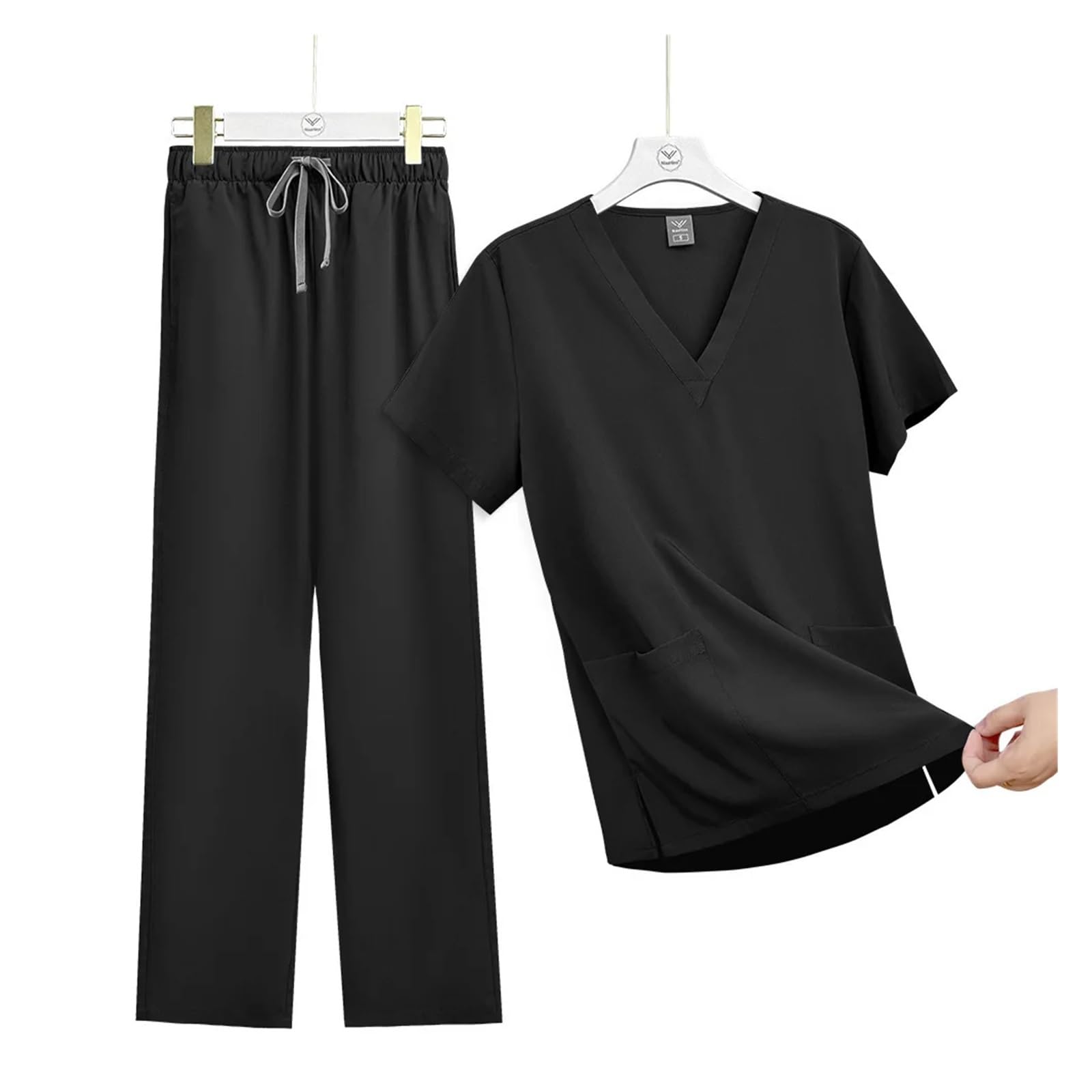 Conjunto de Uniforme médico for Hombre y Mujer, con Camiseta y Pantalones de Manga Corta con Cuello en V, Ropa de Trabajo for médicos y Enfermeras.(Black,L)