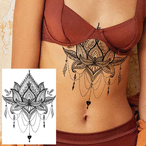 6 Sheets Fanrui Indian Tribal Black Temporary Tattoos For Women, Large Waterproof Lace Lotus Tattoos Mandala Flower Fake Jewelry Pendant, Butterfly Sleeve Tattoo For Adults Stickers Kit Wedding Dreamcatcher Feather #TOP2