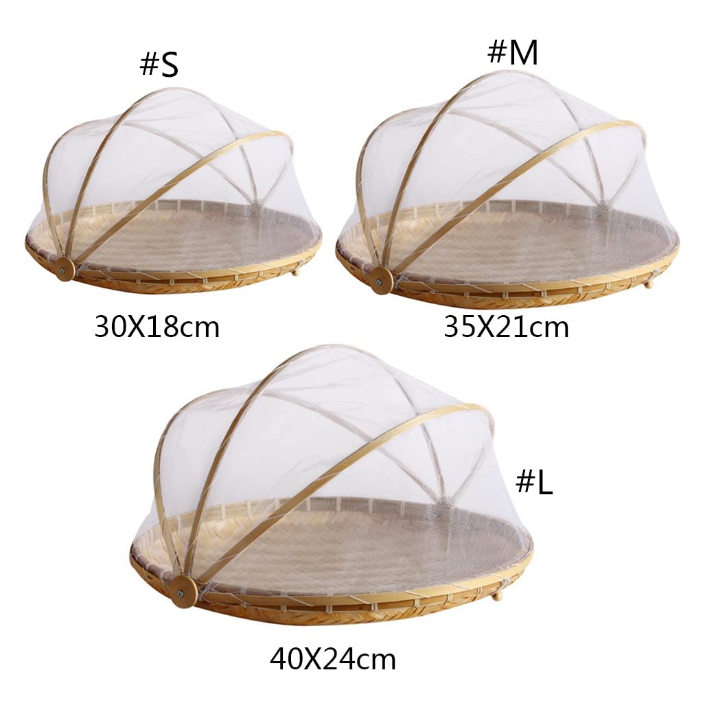 Handmade Bamboo Woven Fruit Vegetable Basket with Net Round Dustproof Wicker Picnic Tray Bread Dishes with Gauze Cover Mesh Drying Storage Dustpan Toy Storage Bucket