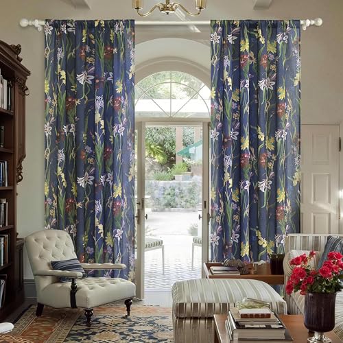 Image of Schweek Boho Curtains 2 Panels 96 Inches Long for Living Room Navy Blue | Cotton Linen Vintage Floral Printed Patterned Long Curtain, Farmhouse Western Drapes for Bedroom, Dining Room Office 52 inchx96 inch