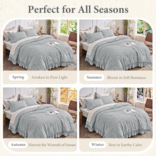 Image of JOLLYVOGUE Light Grey Oversized Queen Comforter Set,3pcs Seersucker Bed Set | OEKO-TEX Certified, All Season, Down Alternative Fill, Lightweight Bedding Set with Ruffle Comforter & Pillowshams, Easy Care