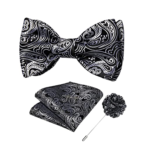 Image of DiBanGu Paisley Bow Ties for Men Silk Self Tied Bowtie and Pocket Square Cufflinks with Lapel Pin for Wedding Party