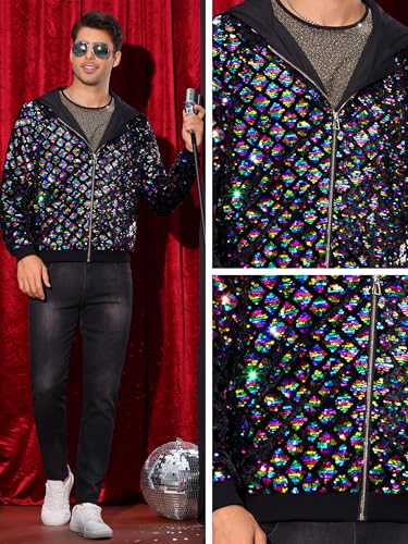 Image of Lars Amadeus Argyle Multicolor Sequins Jackets for Men's Long Sleeves Metallic Shiny Hooded Disco Jacket Small