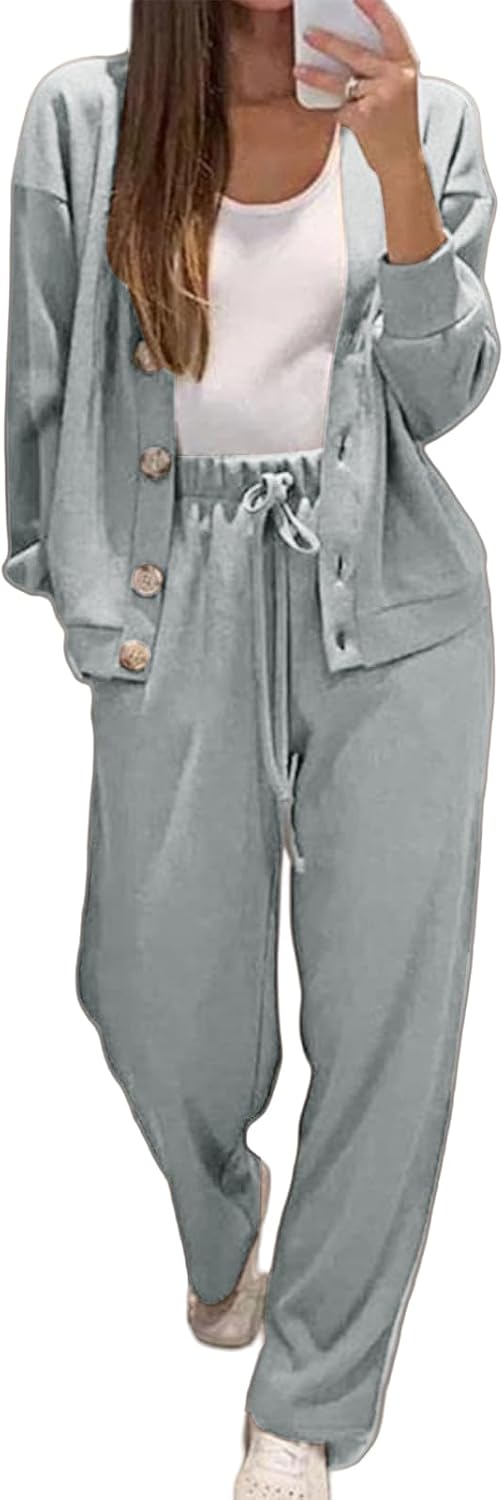 Two Piece Lounge Sets for Women Button Down Shirts Jackets Wide Leg Pants Tracksuit Matching Winter Clothes