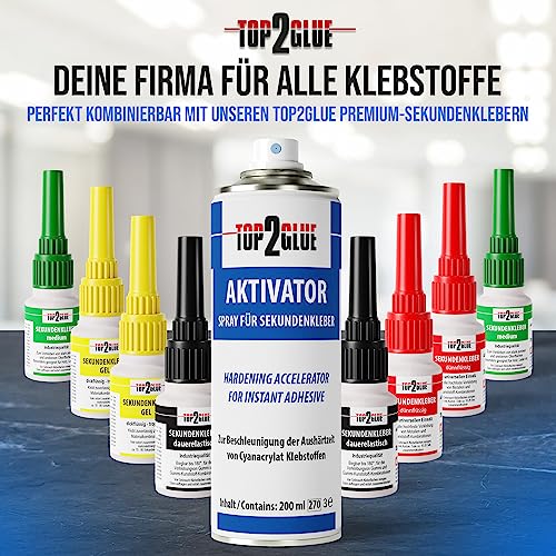 Top2Glue Sekundenkleber Aktivator Spray 200ml - Sprühdose für blitzschnelles Aushärten von Sekundenklebern - Cyanacrylat Aushärtungsbeschleuniger - starke Verklebung mit allen Sekundenklebern (1Dose)