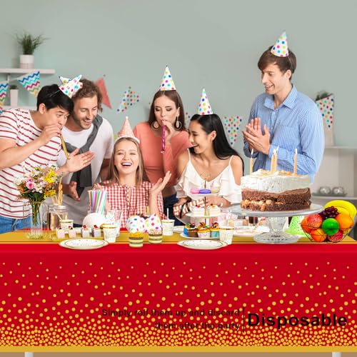 Image of 6 Pack Red and Gold Tablecloth Party Decorations Plastic Red Tablecloth Printed Gold Table Runner 54 x108 Inch Disposable Rectangle Table Cover for Birthday Wedding Graduation