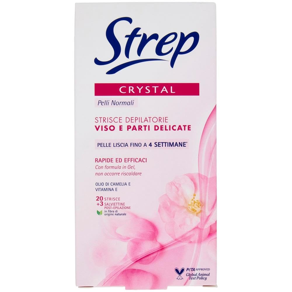 Strep Crystal Strisce Depilatorie Viso E Parti Delicate Con Olio Di Camelia e Vitamina E 20Pz