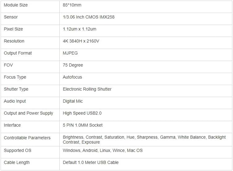 3840*2160 4K 12MP HD CMOS IMX258 AF 75 度 30FPS USB カメラ