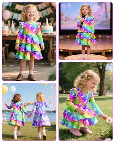 OlyPegic Toddler Fall Dress Toddler Long Sleeve Dress Girls Ruffle Tiered Swing A-Line Midi Dresses4