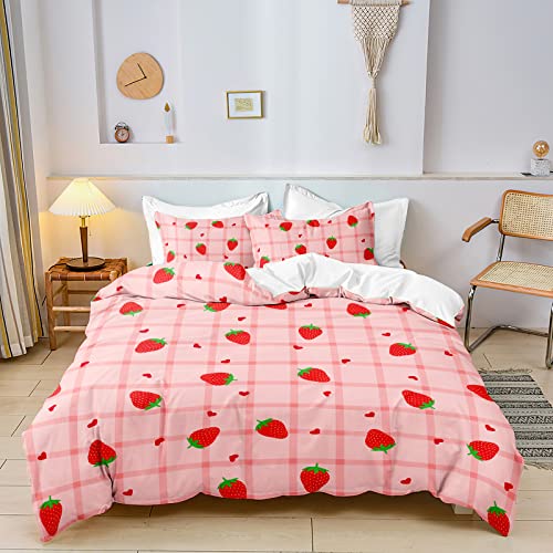 Setwier Cute Kawaii Fruit Strawberry Duvet Cover Set Queen Size For Girls Boys Kids Teens Comforter Cover Grape Bedding Set Quilt Cover, 2 Pillowcases #TOP25