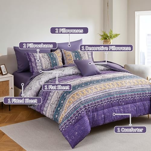 Image of Cottolester Boho King Size Comforter Set 8 Pieces, Violet Bohemian Striped Bed in a Bag, Paisley Soft Microfiber Bedding Comforter Set