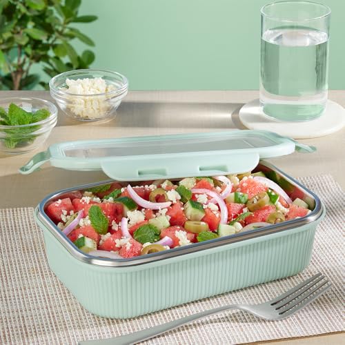 Image of Larah by BOROSIL Freshbyte Food Storage Container with Airtight Stainless Steel Lid | Fridge Container for Lunchbox | Food Grade | Microwave Safe (Green, 800 ml, Rectangular)